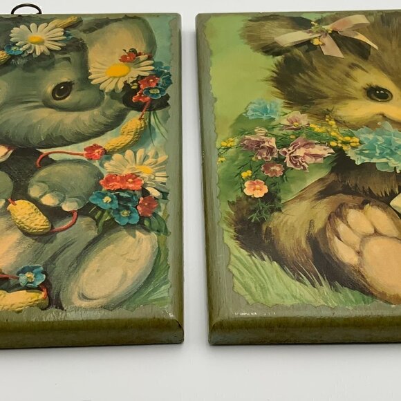 Set of 2 ~ 60's Kitsch Nursery Art Handmade Decoupage on Wood Wall Hangings 15" - Picture 10 of 10